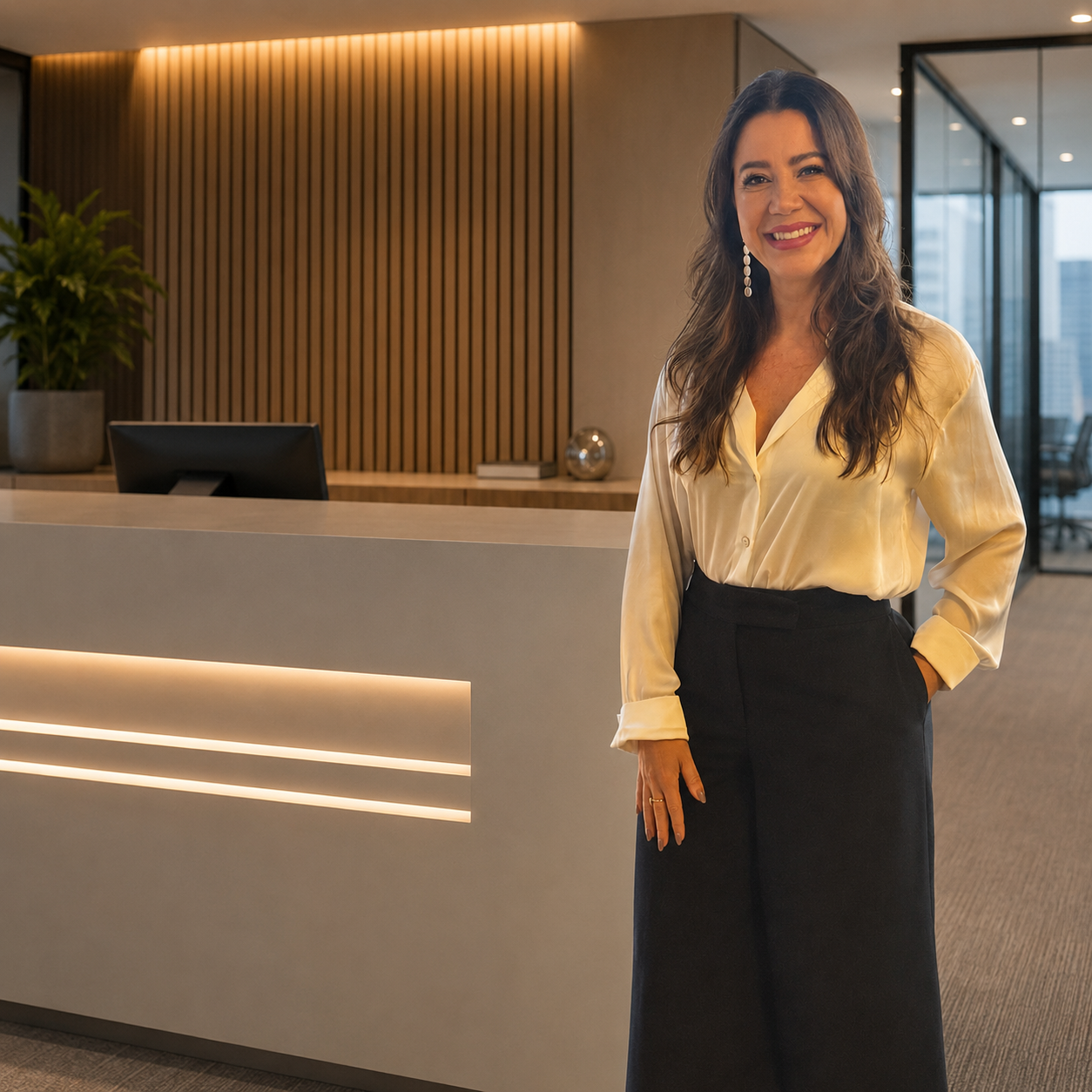 Retrato profissional de Marília Wolff em ambiente corporativo